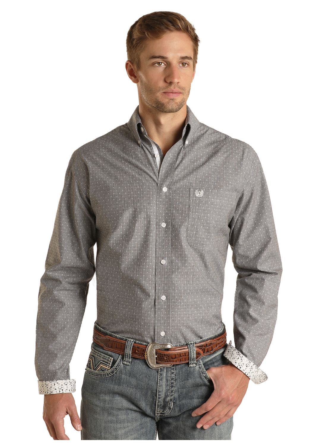 PANHANDLE ROUGH STOCK REGULAR FIT GEO LONG SLEEVE BUTTON SHIRT - GREY