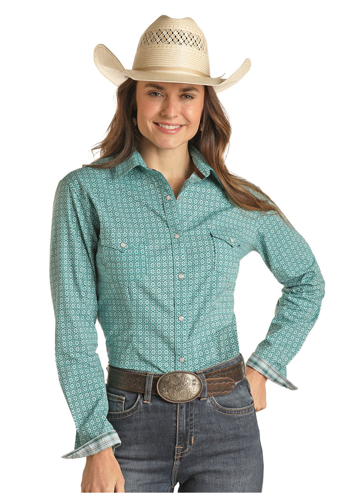 PANHANDLE LADIES WESTERN TECH SNAP SHIRT - TURQUOISE