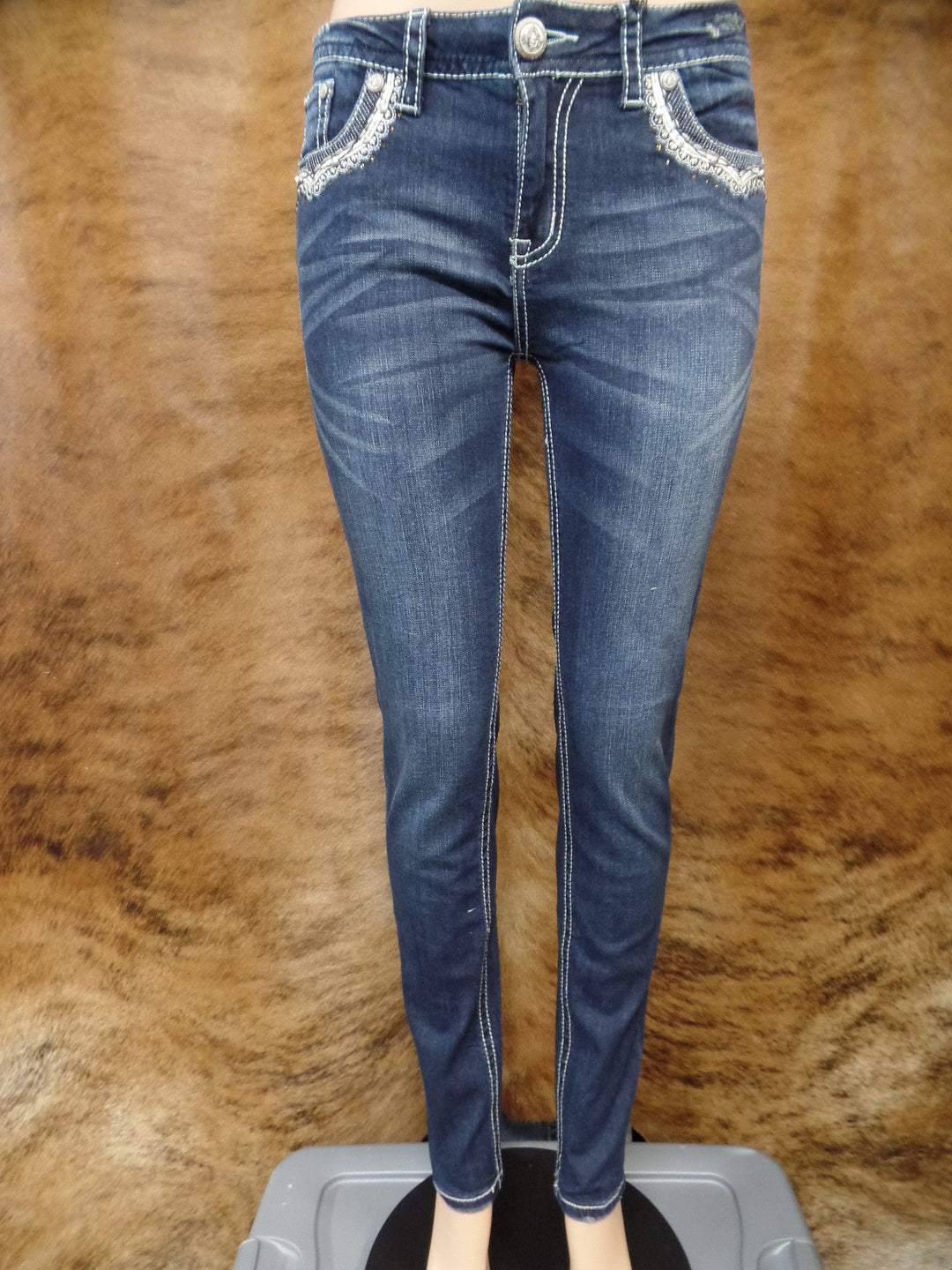 Grace In LA Easy Fit Dark Denim Skinny With Silver Leather