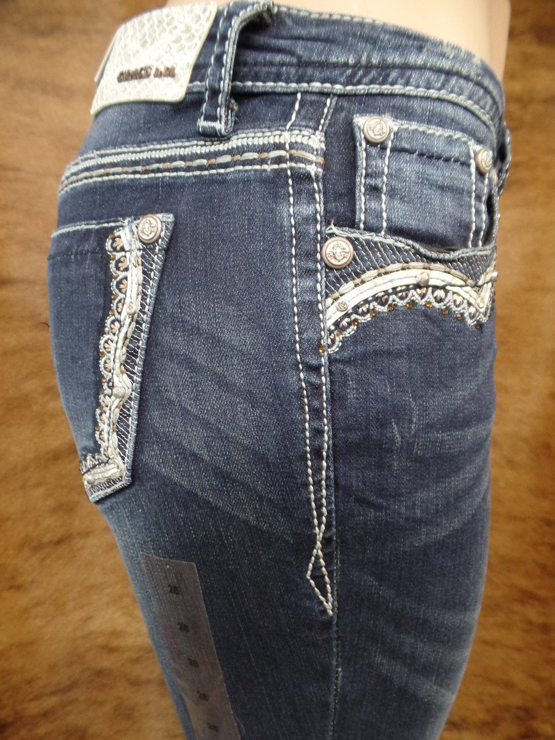 Grace In LA Easy Fit Dark Denim Skinny With Silver Leather