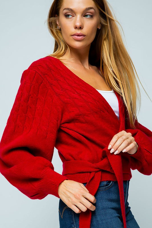 KNIT SURPLICE WRAP SWEATER WITH TIE