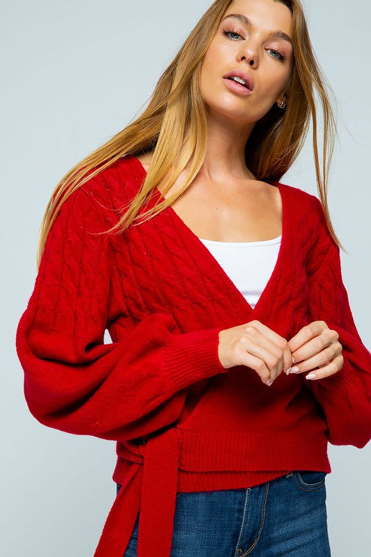 KNIT SURPLICE WRAP SWEATER WITH TIE