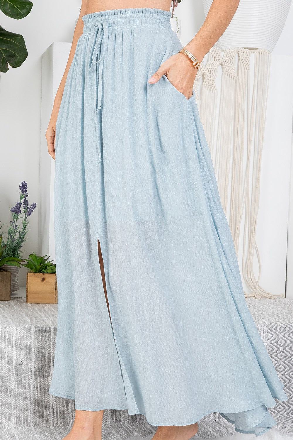 SMOCKED DRAWSTRING MAXI SKIRT in MISTY BLUE