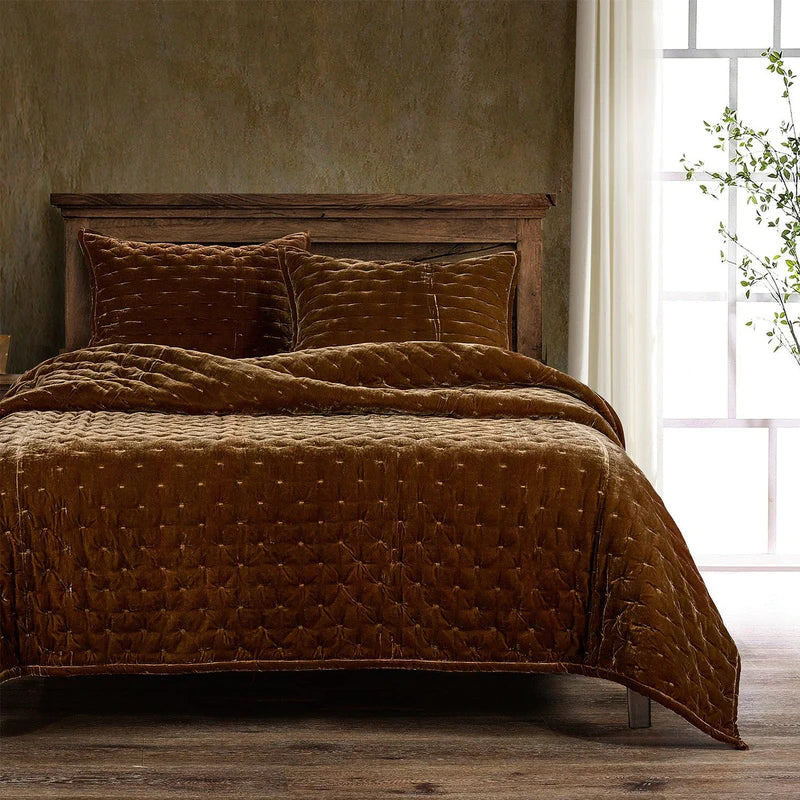 STELLA FAUX SILK VELVET QUILT in COPPER BROWN, QUEEN