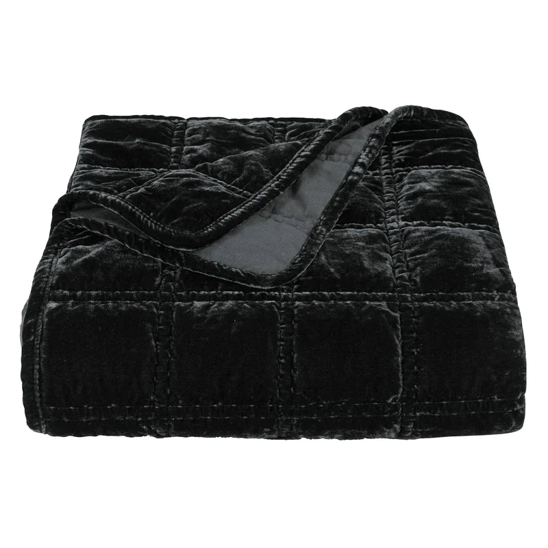 STELLA FAUX SILK VELVET DOUBLE BOX STITCH THROW in BLACK