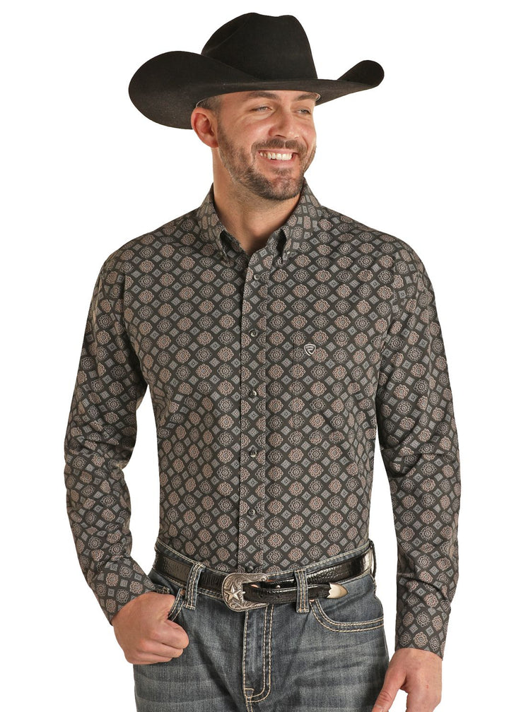 ROCK & ROLL COWBOY LONG SLEEVE MEDALLION PRINT MEN'S SHIRT- GREY