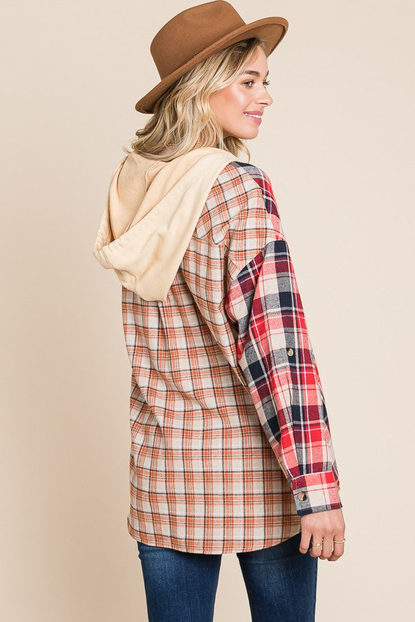 PLUS SIZE PLAID MIX BUTTON DOWN HOODIE