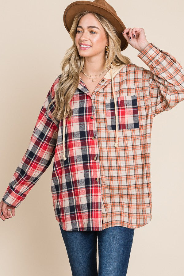 PLUS SIZE PLAID MIX BUTTON DOWN HOODIE