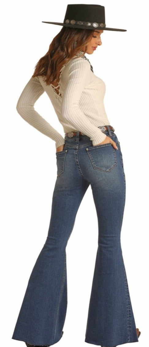 Rock & Roll Cowgirl Junior's Bargain Bells High Rise Extra Stretch Bell Bottom Jeans