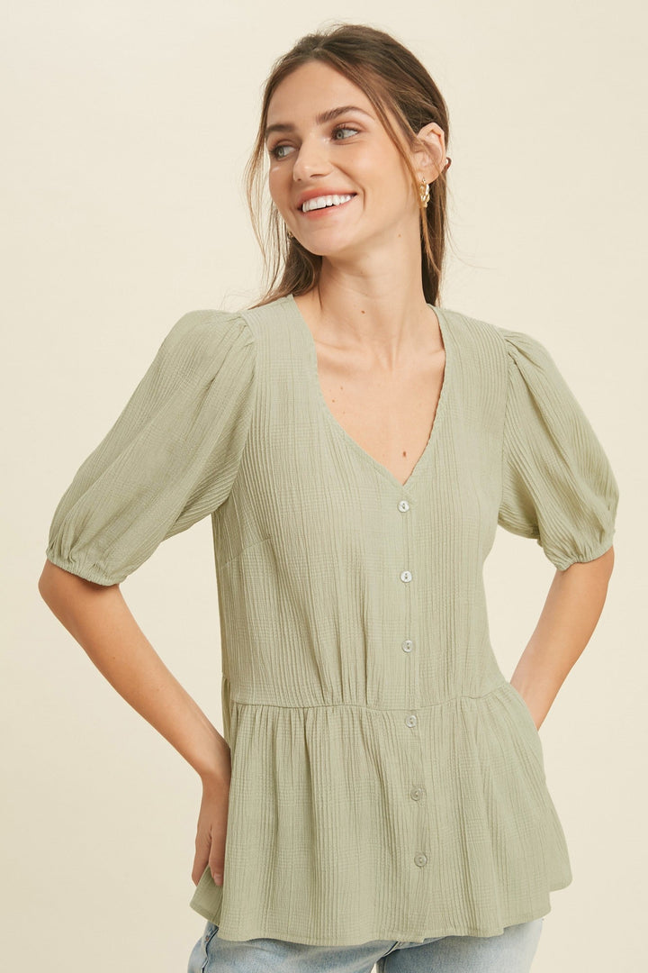 TEXTURED PUFF SLEEVE BABYDOLL TOP in SAGE