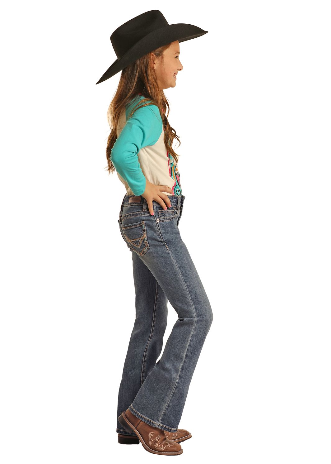 ROCK & ROLL GIRLS TURQUOISE STITCH BOOTCUT JEANS