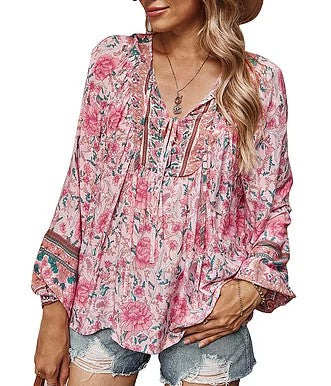 Boho Print Tie Neck Loose Top in Pink