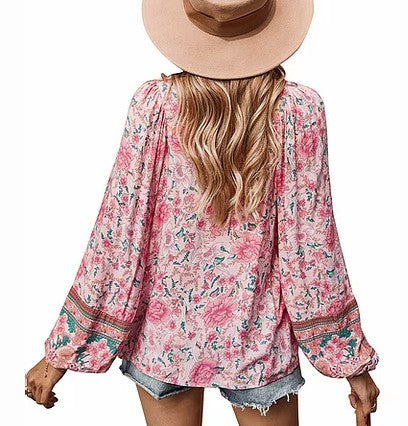 Boho Print Tie Neck Loose Top in Pink