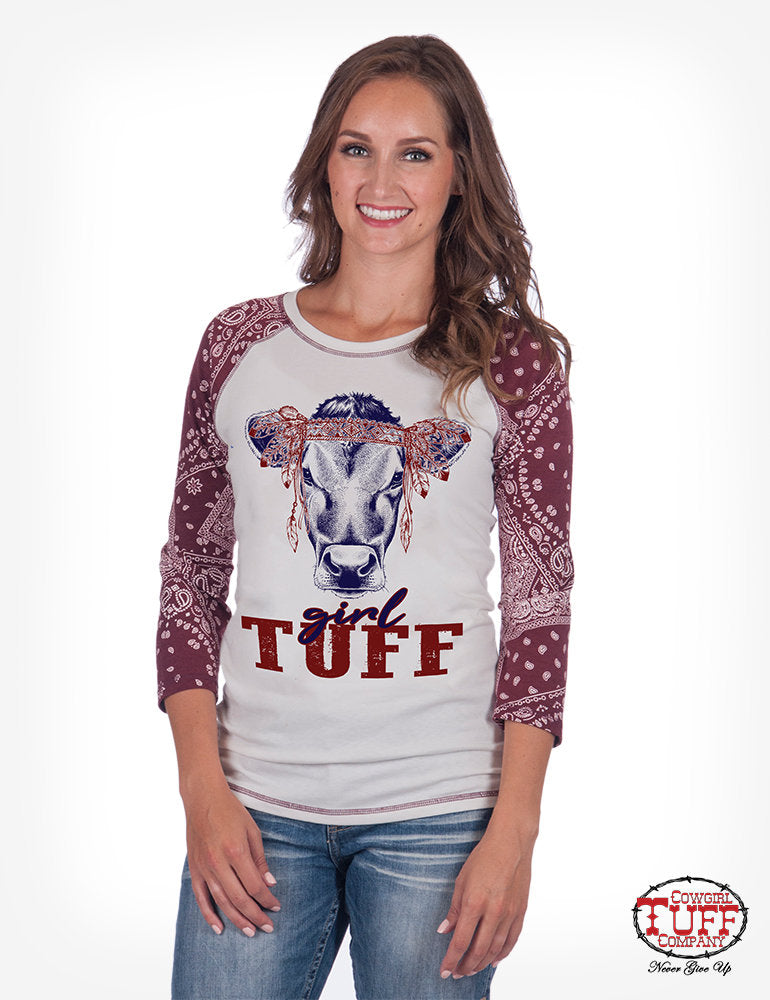 BASEBALL TEE WITH "COW"GIRL TUFF PRINT