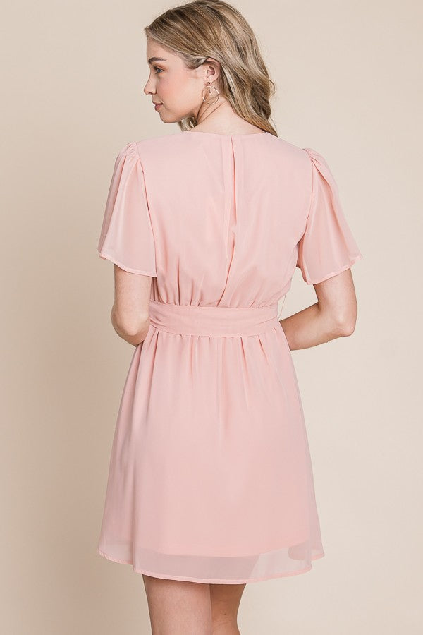 Cape Sleeve Surplice Mini Dress in Peach