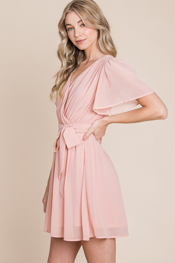 Cape Sleeve Surplice Mini Dress in Peach