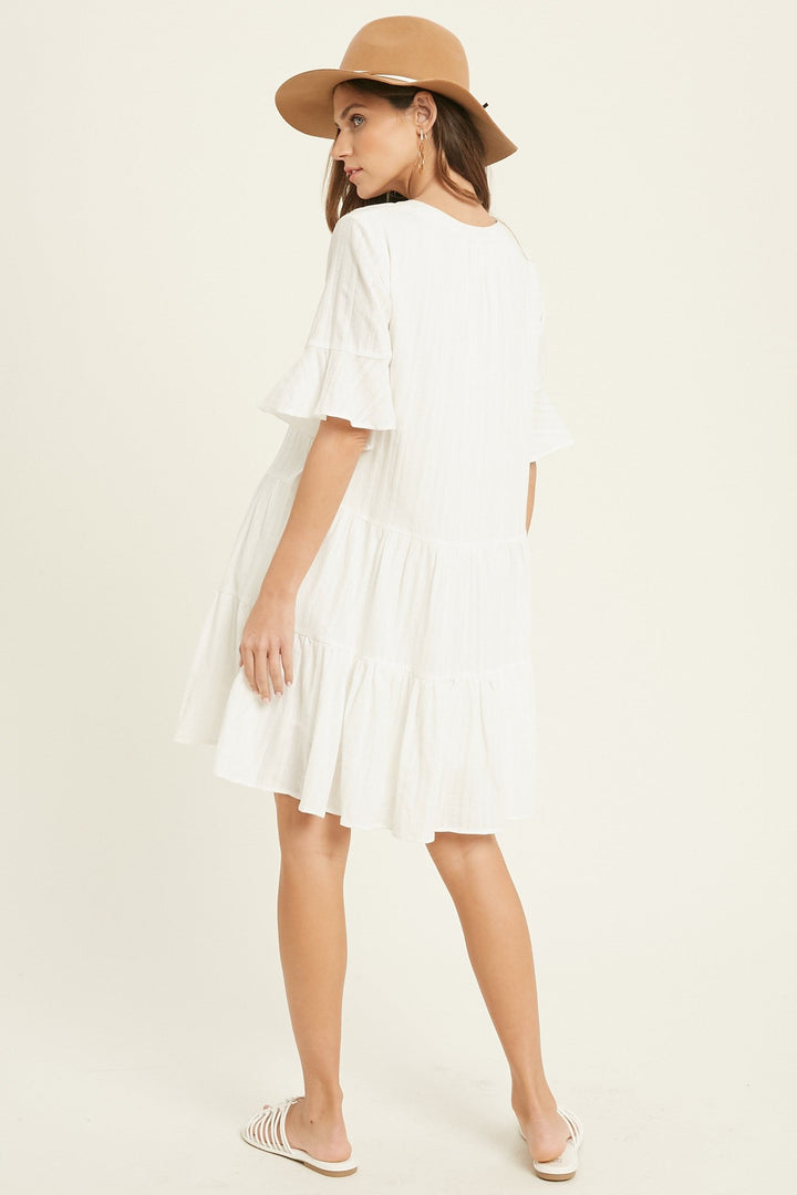 BELL SLEEVE TIERED MINI DRESS in IVORY