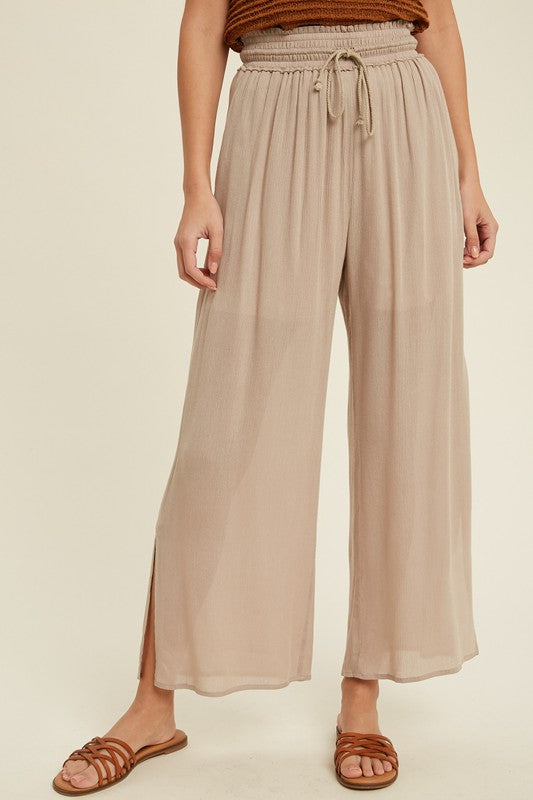 SMOCKED WAIST PANTS in TAUPE