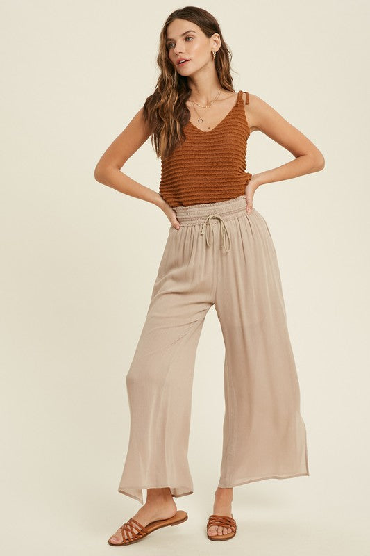 SMOCKED WAIST PANTS in TAUPE