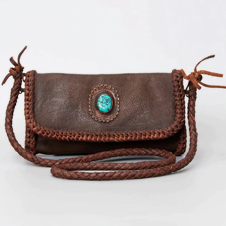 AMERICAN DARLING LEATHER CROSSBODY PURSE WITH BRAIDED EDGES AND HANDLE