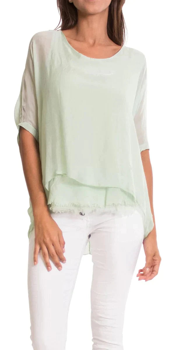 CARMELINA SILK KAFTAN ROUND NECK TOP in MINT