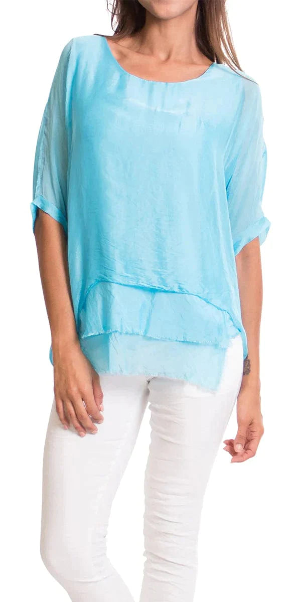 CARMELINA SILK KAFTAN ROUND NECK TOP in TURQUOISE